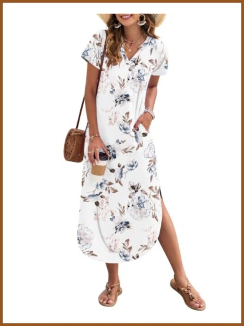 Women's Short Sleeve Maxi Dress Pockets V-Neck Slit Casual Sundress